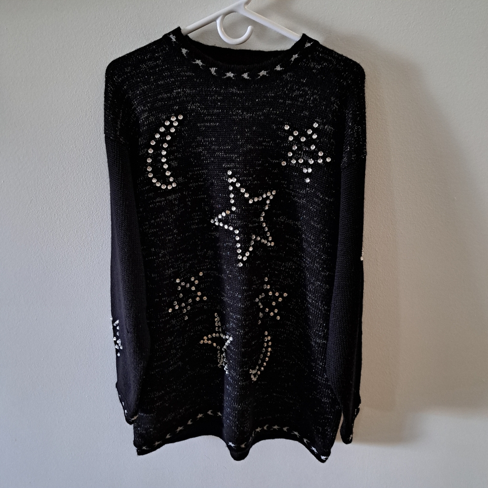 VTG SK Wear Black Sweater With Stars and Moon Sz L Wool Blend